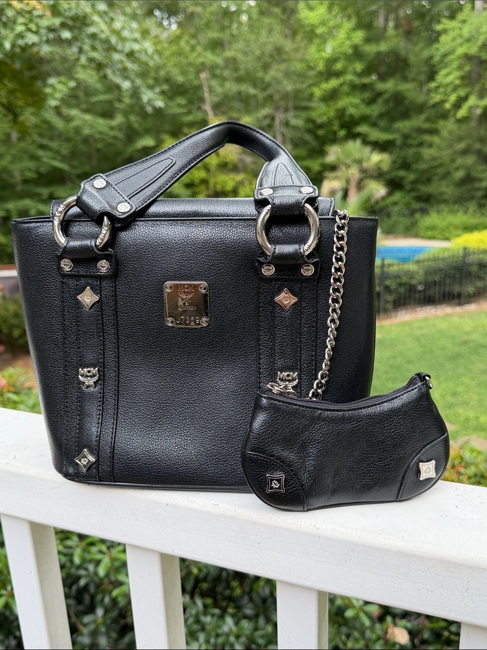 MCM Black Leather Shoulder Bag with Gold Plaque and mini coin purse